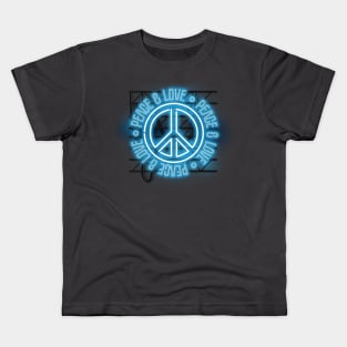 Peace and Love - Blue Neon Symbol Kids T-Shirt